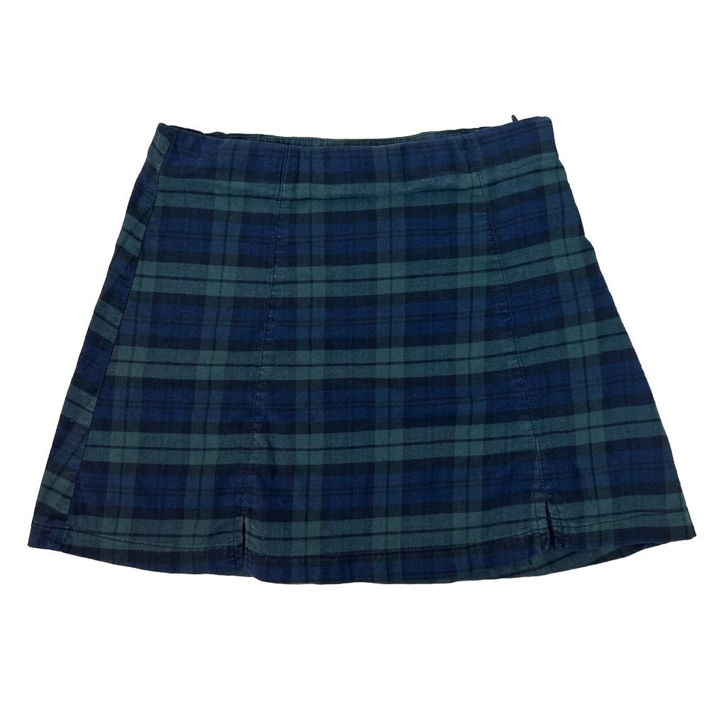 Brandy Melville John Galt Cara Plaid Mini Skirt Blue Green Side Slit OS XS S EUC
